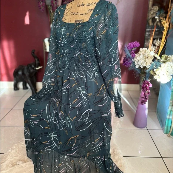 Nine West Teal Patterned Long Sleeve Dress - Picture 2 of 7